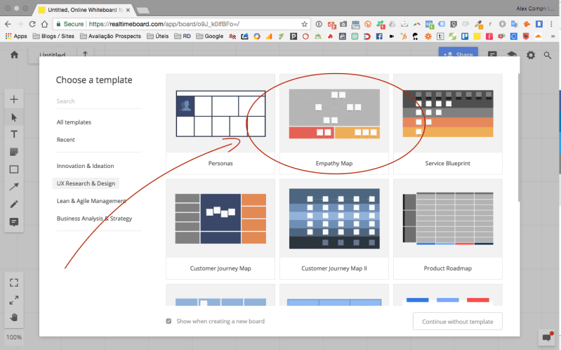 Dashboard do Realtime board e template de mapa de empatia